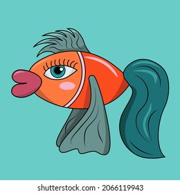 Fish doodle cartoon isolated on blue background