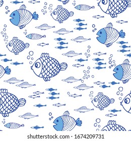 Doodle de pescado, dibujo manual sin fisuras, imagen vectorial