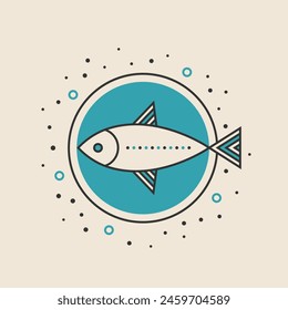 Fish doodle logo. Stylized black and blue line drawing on beige background. Best for web, print, logo creating and branding design.