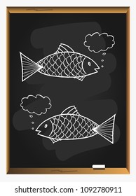 fish doodle on blackboard background. cute fish cartoon, line art, coloring. Fish icon.