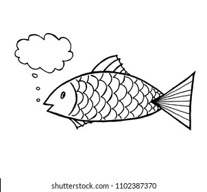 fish doodle on white background. cute fish cartoon, line art, coloring. Fish icon.