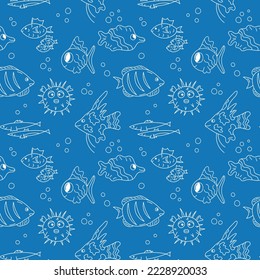Patrón de doodle de pescado. Ilustración vectorial sin costuras marina. Fondo de dos colores azul y blanco. Vida marina.