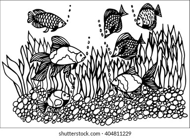 fish doodle sea-bottom, underwater life, hand drawing