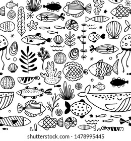 Fish doodle seamless pattern. Linear graphic. Kid design. Scandinavian style. Vector illustration
