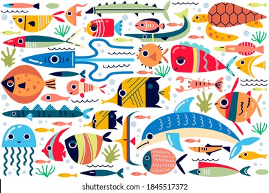 Fish doodle set. Collection of cute different colorful sea ocean river lake animals funny underwater creatures cartoon characters octopus seahorse jellyfish. Marine life and tropical auatic fauna