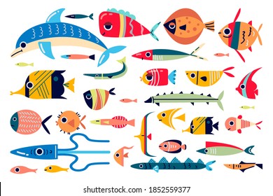 Juego de doodles de pescado. Diferentes coloridos animales de los lagos del océano marino divertidos criaturas submarinas caricaturas de pulpo caballito de mar medusa medusa de pulpo. Ilustración de la vida marina y la fauna acuática tropical para la impresión