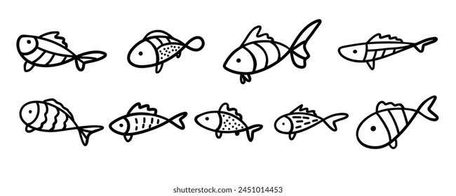 Fisch-Doodle. Einfaches handgezeichnetes Fischsymbol. Fischerei und Meeresfrüchte. Schwarze und weiße Umrisse der Fische. Stock Vektorillustration isoliert auf einem weißen Hintergrund.