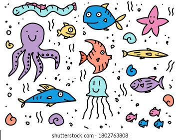 Pescado en forma de garabato. Lindo dibujado a mano, dibujos animados, peces divertidos, pulpo, medusas, vida marina. Concepto de océano. Ilustración vectorial aislada en un fondo blanco.