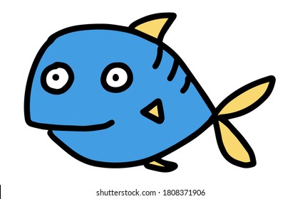 Fish in doodle style. Hand-drawn cute, cartoon, funny fish. Concept of ocean and marine life. Vector illustration isolated on a white background.