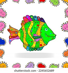 Fish doodle style. Handdrawn. Seamless. Fishes on white, yellow and green. Vector.