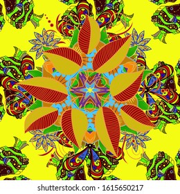 Fish doodle style. Seamless. Handdrawn. Fishes on brown, yellow and red. Vector illustration.
