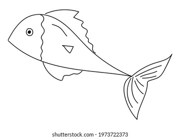 Fish in doodle style, simple vector illustration, river and sea animals, lineart, outline isolated on white background