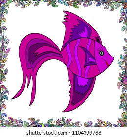 Fish doodle style. Vector illustration. Handdrawn. Fishes on white, magenta and purple. Seamless.