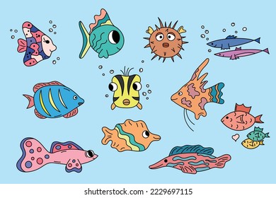 Fischdoodles. Farbiges Set. Vektorgrafik-Kollektion von Cartoon-Skulpturen Meer bestiegen. Wilde Meereslebewesen in handgezeichnetem Stil. Schwimmfisch einzeln.