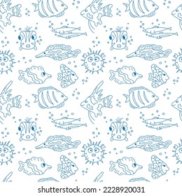 Fish doodles pattern. Sea seamless vector illustration. Cute blue hand drawn fish on white background. 