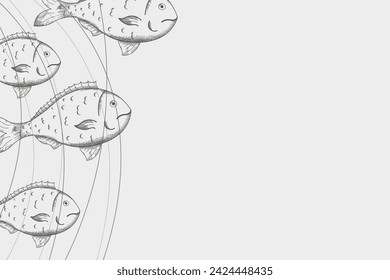 Fish dorade sketch background hand drawn vector illustration. Seafood design frame card with engraved fish underwater and waves, marine motive for summer, seaside resort, food menu, poster, label, log