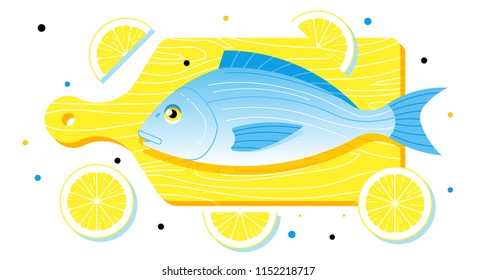 Fish Dorado with lemons on the cutting board. Vector illustration.