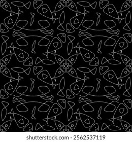 Fish dot continue black and white abstract artwork seamless geometric pattern printed background fabric wallpaper hand drawn line
