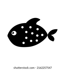 Fish with dots in black silhouette isolated single object on white background. Tropical underwater sea life design element. Summer clip art.Aquarium water tank animal.Simple flat cartoon style icon.