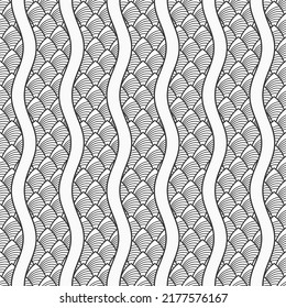 Pescado, dragón, serpiente balanza sin costuras patrón vectorial. Escalas con líneas onduladas en primer plano. Curvas negras repetidas, aisladas sobre fondo blanco. Ornamento regular. Patrón vector blanco y negro.