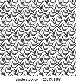 Fish, dragon, snake scales seamless vector pattern. Repeated black curves, isolated on white background. Regular ornament. Black and white vector pattern.