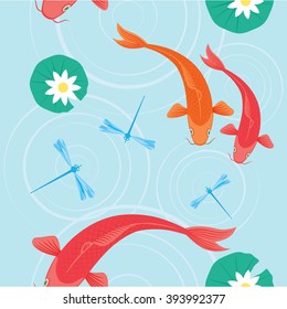 Fish, Dragonfly & Water Lillies Rapport or Background
