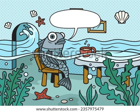 Fish with drain water meme This is fine with text bubble pinup pop art retro vector illustration. Comic book style imitation.