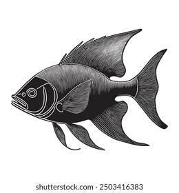 A fish drawing with a black and white line drawing 