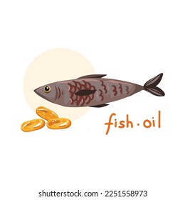 Fish drawing with fish oil tablet capsule vitamin vector illustration isolated on white background. Daily health yellow supplement drawing with cartoon simple flat art style.