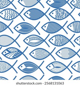 fish drawing seamless pattern, marine theme for decoration wallpaper, banner, wrapping paper, seafood, restaurant