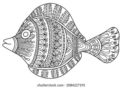 fish drawn with abstract figures and floral ornaments in folk style on a white background for coloring, vector