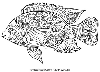 a fish drawn with abstract ornaments and flowers in folk style on a white background for coloring, vector