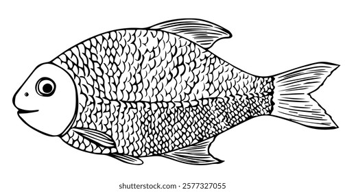 Fish drawn by hand. Bream or crucian carp.  Vector stock illustration. isolated on white background. 