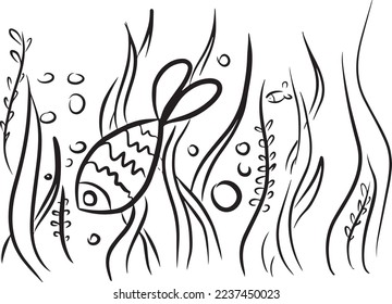 A fish, drawn by hand in a vector. Swims among the algae.