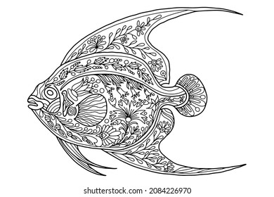 fish drawn with floral ornaments in folk style on a white background for coloring, vector