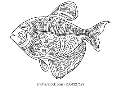 a fish drawn with linear folk style ornaments on a white background for coloring, vector