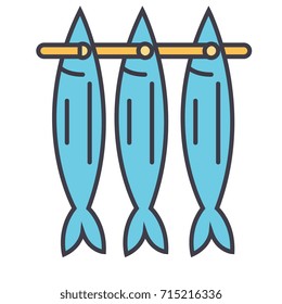 Fish drying flat line illustration, concept vector isolated icon 