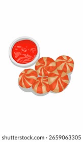Pescado dumpling rayas de queso rojo y marrón con tomate ketchup aislado en blanco 