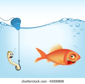 The fish and earthworm. Concept of fishery and food. Add or remove details (VECTOR IMAGE).