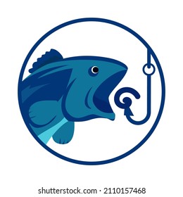 Fish eat a worm on a hook ,blue round sign on white background.Design template icon,badge, pictogram,symbol.Vector illustration