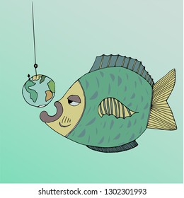 Fish eating Earth on the hook, hand drawing scetch, by Earth Day