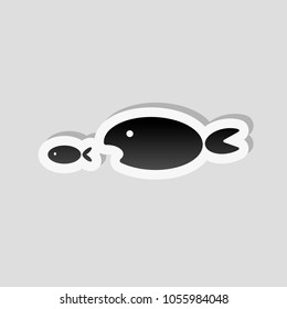 fish eating fist. Sticker style with white border and simple shadow on gray background