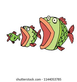 Fish eating fish eating fish, hand drawn doodle line art vector sketch icon illustration on white background
