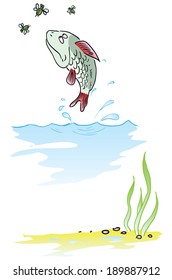 Fish eats insects jumping out of the water. Vector illustration.