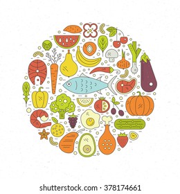 Fish, eggs, vegetables, fruits, meat and seafood arranged in a circle. Paleo food circle concept. Healthy diet illustraion made in line style vector. 