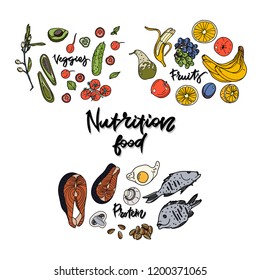 Fish, eggs, vegetables, fruits, mushrooms and nuts. Nutrition food concept. Healthy diet illustraion made in line style vector.
