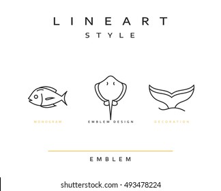 Fish emblem in linear style. Fish Seafood Elegant emblem design illustration. Fish icon / Seafood logo decorations design element