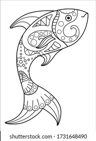 Fish emerges - vector linear zentangle coloring antistress. Jumping fish - an element for antistress coloring about the sea and its inhabitants. Outline.