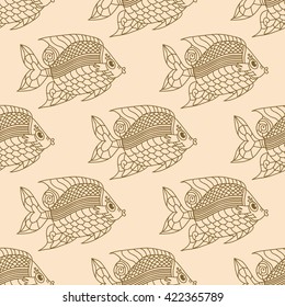 Fish Engraved Seamless Pattern. Vector illustration. Can be used for wallpaper, pattern fills, web page background,surface textures.