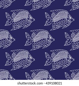 Fish Engraved Seamless Pattern. Vector illustration. Can be used for wallpaper, pattern fills, web page background,surface textures.